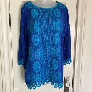John Mark Royal Blue Embroidered Eyelet Tunic Top Blouse